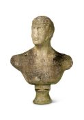T C JONES- A COMPOSITION STONE BUST OF A ROMAN MAN, DATED 1964