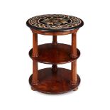 A BLACK SLATE AND MOSAIC TOPPED CHESTNUT THREE TIER CENTRE TABLE