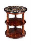 A BLACK SLATE AND MOSAIC TOPPED CHESTNUT THREE TIER CENTRE TABLE