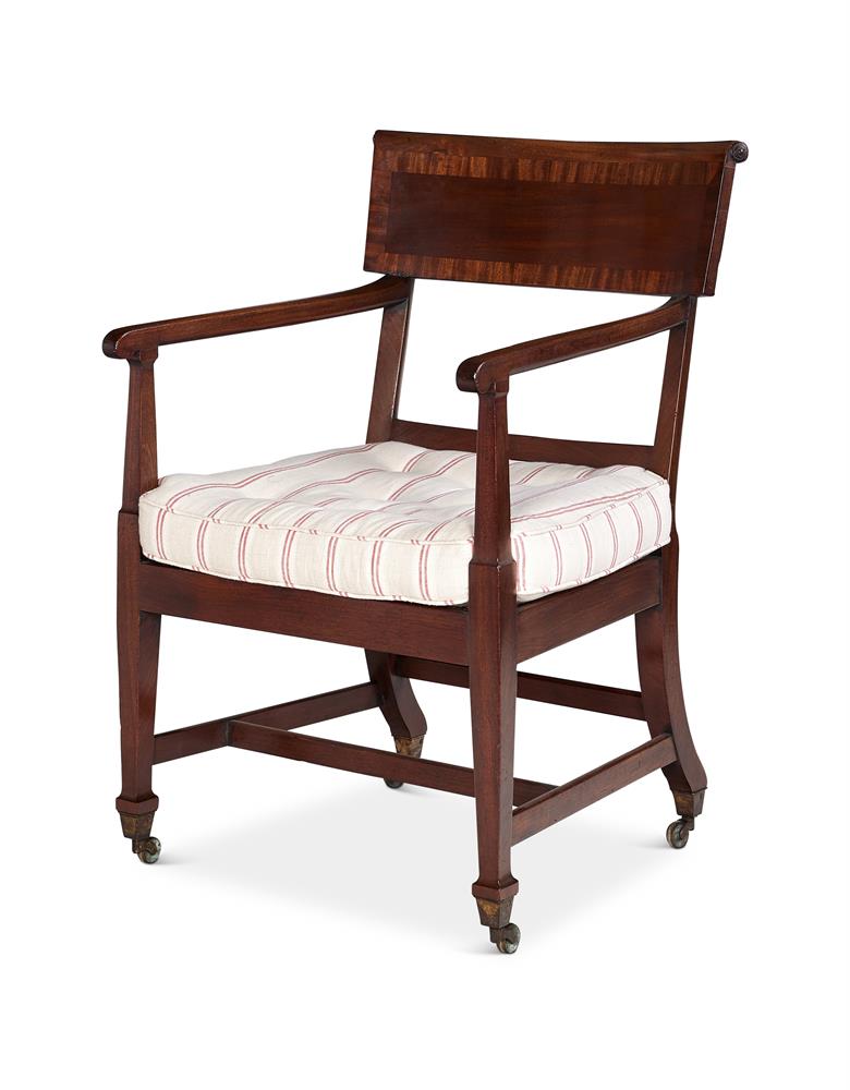 A GEORGE III MAHOGANY AND CROSSBANDED LIBRARY ARMCHAIR BY THOMAS CHIPPENDALE THE YOUNGER (1749-1822 - Image 2 of 4