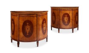 A PAIR OF SATINWOOD AND MARQUETRY DEMI-LUNE COMMODESIN GEORGE III STYLE