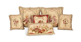 A GROUP OF SIX AUBUSSON CUSHIONS INCORPORATING 19TH CENTURY FRAGMENTS