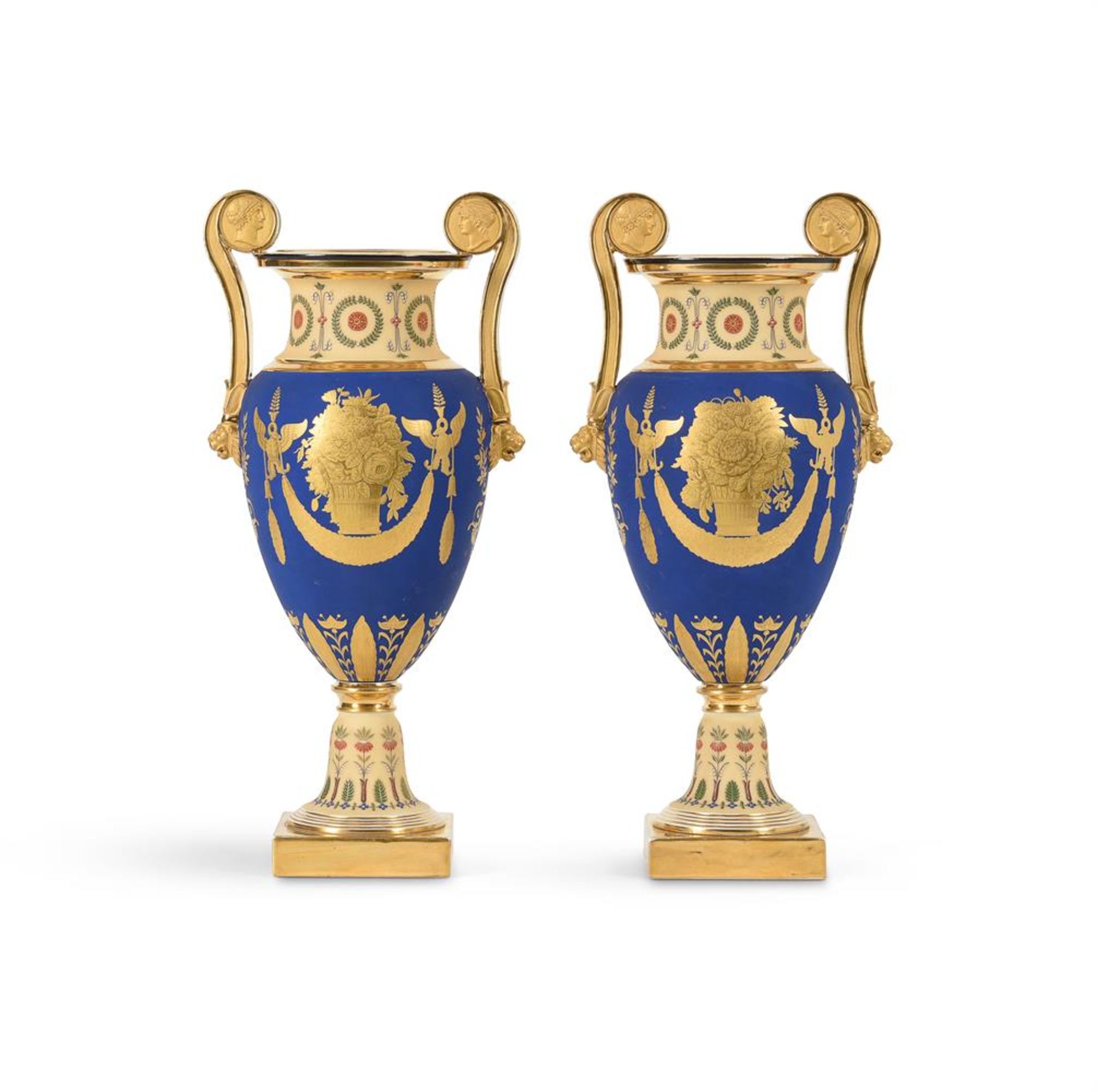 PAIR OF PARIS PORCELAIN (NAST) TWO-HANDLED EMPIRE-STYLE URNS, CIRCA 1820 - Image 4 of 4