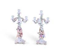 PAIR OF MEISSEN PORCELAIN FLOWER-ENCRUSTED FIGURAL CANDELABRA FROM A SERIES OF THE FOUR SEASONS