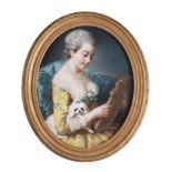 FRENCH SCHOOL (19TH CENTURY), PORTRAIT OF A LADY LOOKING AT A MIRROR WITH A DOG ON HER LAP
