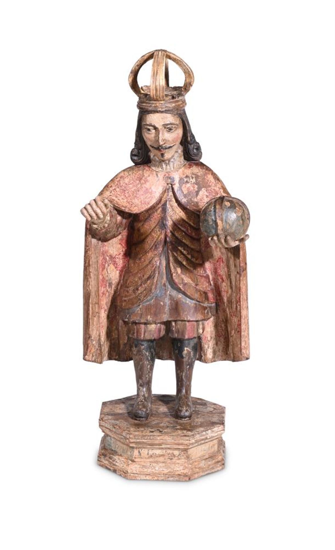 A CARVED POLYCHROME FIGURE OF A KING, DATED 1728