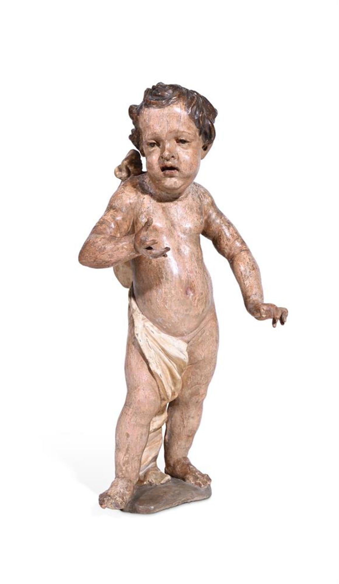 A CARVED AND POLYCHROME FIGURE OF A STANDING CHERUB, POSSIBLY GERMAN, 18TH CENTURY