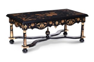 A BLACK PAINTED AND PARCEL GILT LOW CENTRE TABLE IN 18TH CENTURY STYLE, OF RECENT MANUFACTURE