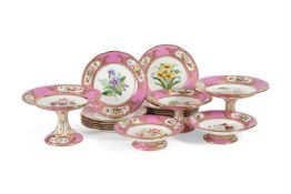 AN ENGLISH PORCELAIN PINK GROUND AND GILT DESSERT SERVICE, POSSIBLY COALPORT, MID 19TH CENTURY
