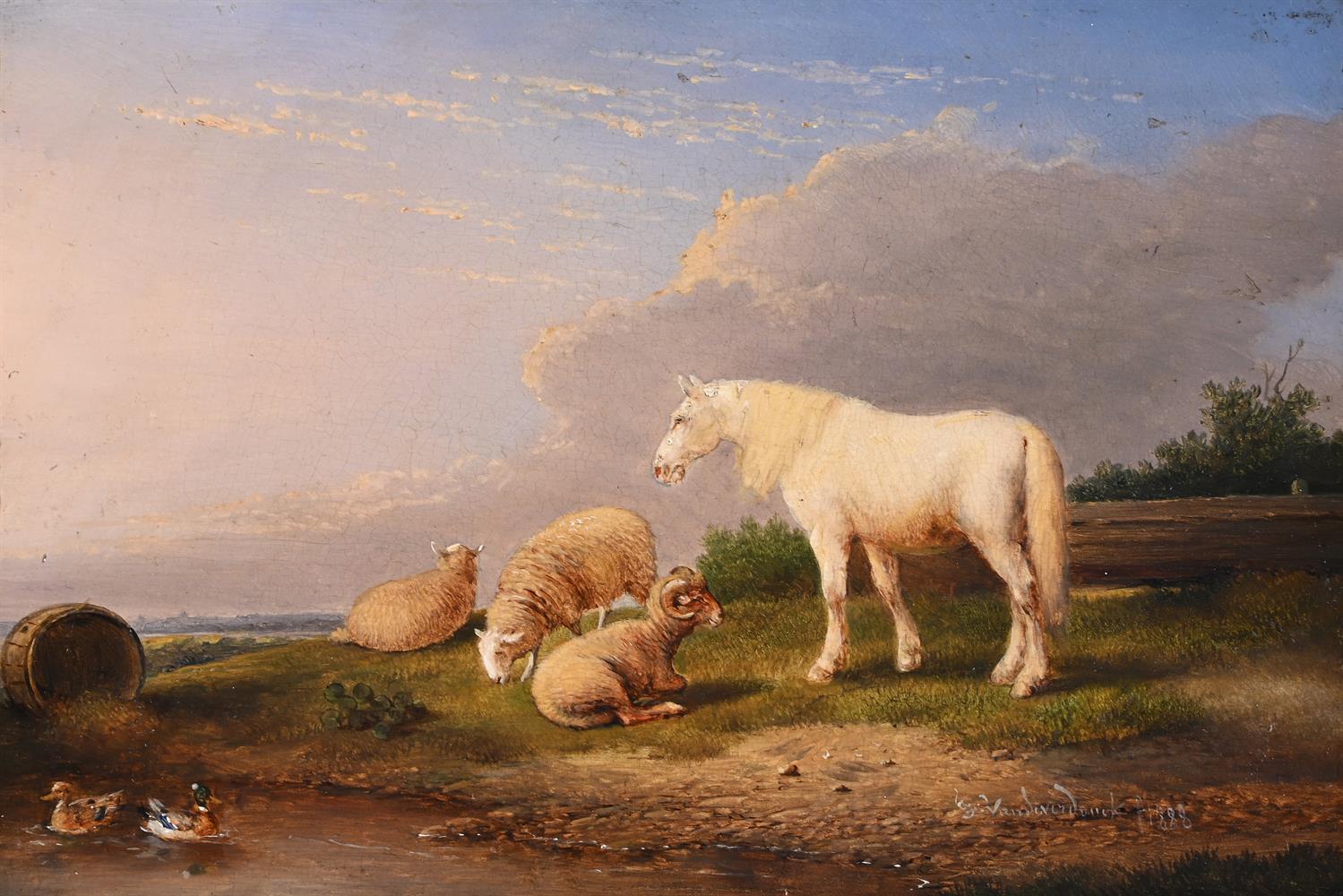 FRANZ VANSEVERDONCK (BELGIAN 1809-1889), HORSE AND SHEEP ON GRASSY HUMMOCKS - Image 3 of 4