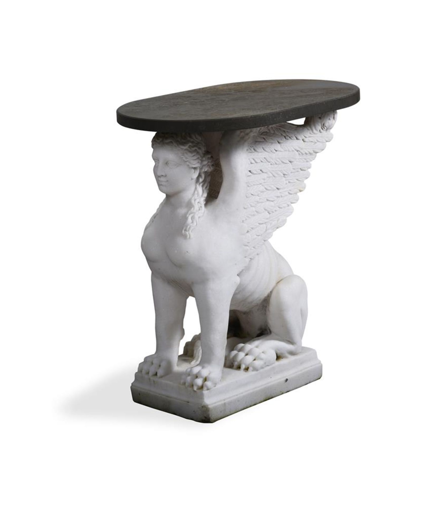 A PAIR OF CARVED WHITE MARBLE AND SLATE SIDE TABLES OF SPHINX BASE FORM, MODERN - Bild 2 aus 4