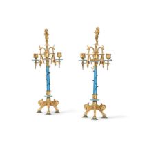 A PAIR OF ORMOLU AND PORCELAIN THREE LIGHT CANDELABRA, LATE 19TH CENTURY