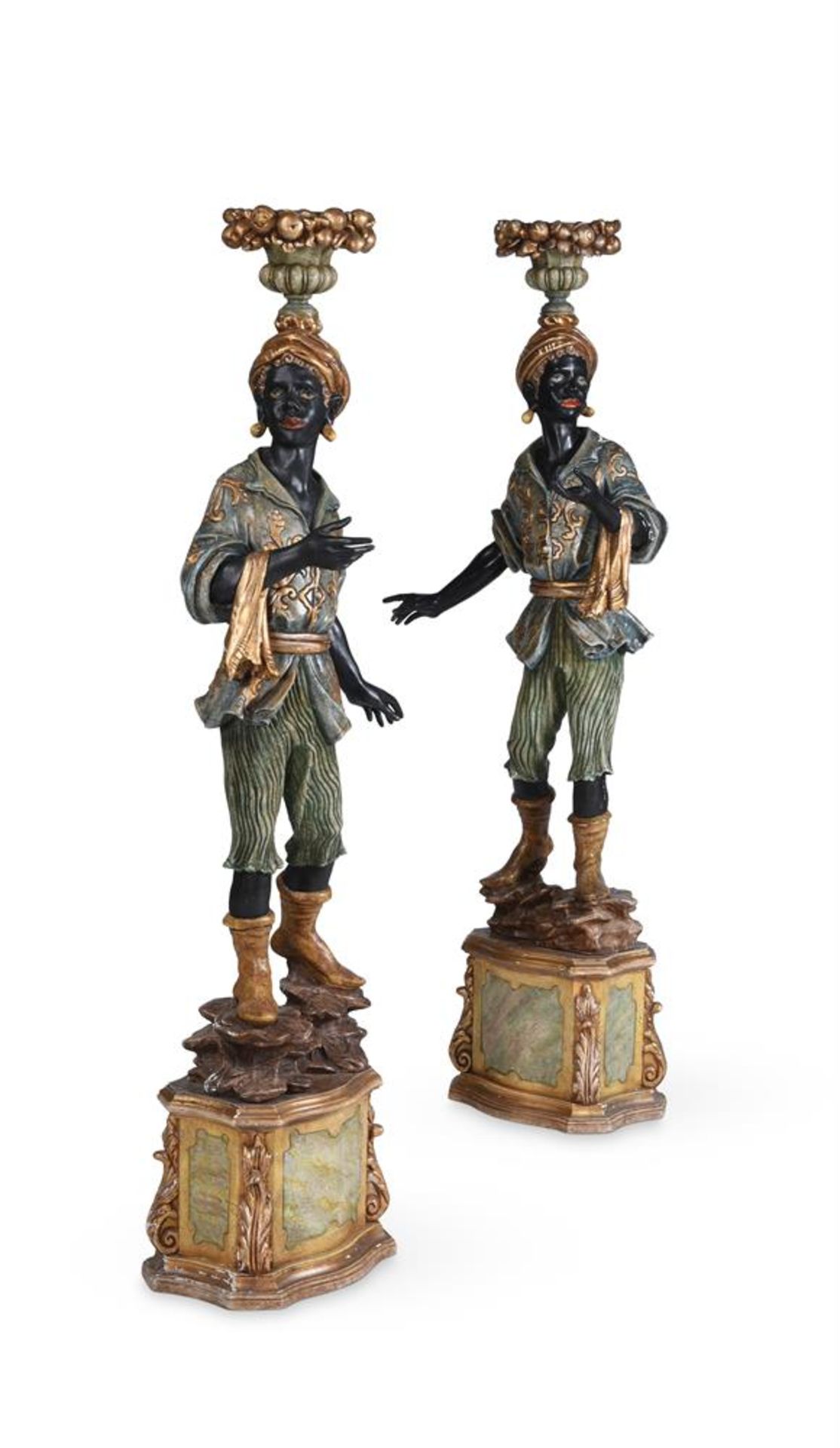 A PAIR OF POLYCHROME PAINTED AND GILT TORCHERES IN VENETIAN TASTE, 20TH CENTURY