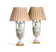 A PAIR OF POTTERY LAMP BASES IN THE MANNER OF NINETEENTH CENTURY FRENCH FAIENCE, MODERN