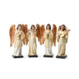 A SET OF FOUR CARVED, PAINTED AND PARCEL GILT SOFTWOOD FIGURES OF ANGELS, LATE 20TH CENTURY