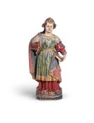 A CARVED AND POLYCHROME FIGURE OF A FEMALE SAINT, NORTHEN EUROPEAN, 18TH OR 19TH CENTURY