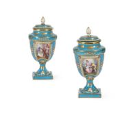 A PAIR OF SEVRES-STYLE TURQUOISE-GROUND PORCELAIN URNS AND COVERS, LATE 19TH CENTURY