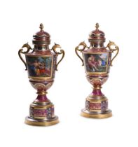 PAIR OF VIENNA-STYLE PORCELAIN TWIN-HANDLED URNS, LATE 19TH CENTURY