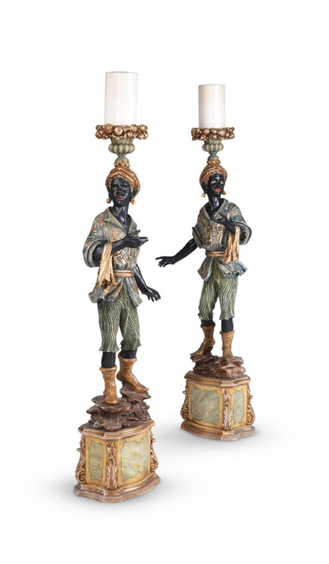 A PAIR OF POLYCHROME PAINTED AND GILT TORCHERES IN VENETIAN TASTE, 20TH CENTURY - Image 2 of 5