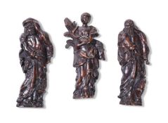 A GROUP OF THREE CARVED OAK FLATBACK ALLEGORICAL FIGURES, 18TH CENTURY