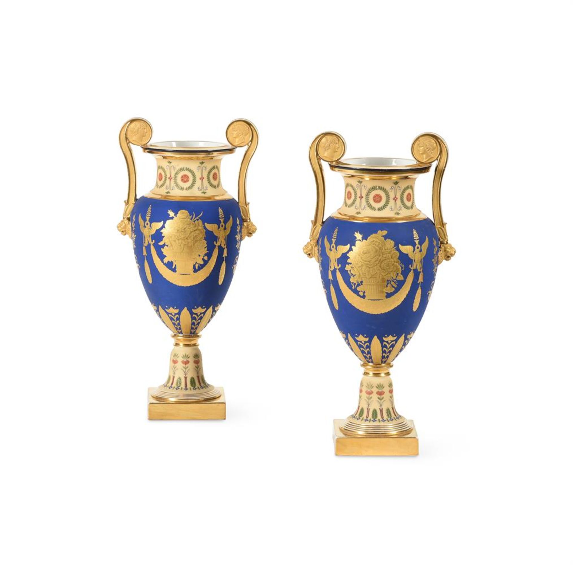 PAIR OF PARIS PORCELAIN (NAST) TWO-HANDLED EMPIRE-STYLE URNS, CIRCA 1820