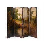 A PAINTED AND LEATHER BOUND FOUR FOLD ROOM SCREEN, LATE 19TH CENTURY