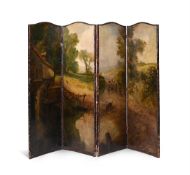 A PAINTED AND LEATHER BOUND FOUR FOLD ROOM SCREEN, LATE 19TH CENTURY
