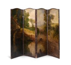 A PAINTED AND LEATHER BOUND FOUR FOLD ROOM SCREEN, LATE 19TH CENTURY