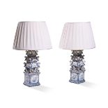 A PAIR OF PAINTED TINWARE TABLE LAMPS IN THE FORM OF TULIP VASES, 20TH CENTURY