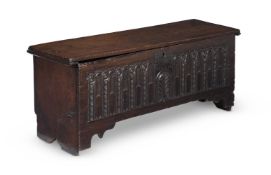 A CARVED OAK COFFER, INCORPORATING 17TH CENTURY ELEMENTS