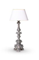 A SILVERED WOOD PRICKET CANDLESTICK, 18TH CENTURY AND LATER