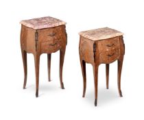 Y A PAIR OF FRENCH KINGWOOD AND MARBLE TOPPED BEDSIDE COMMODES EARLY 20TH CENTURY