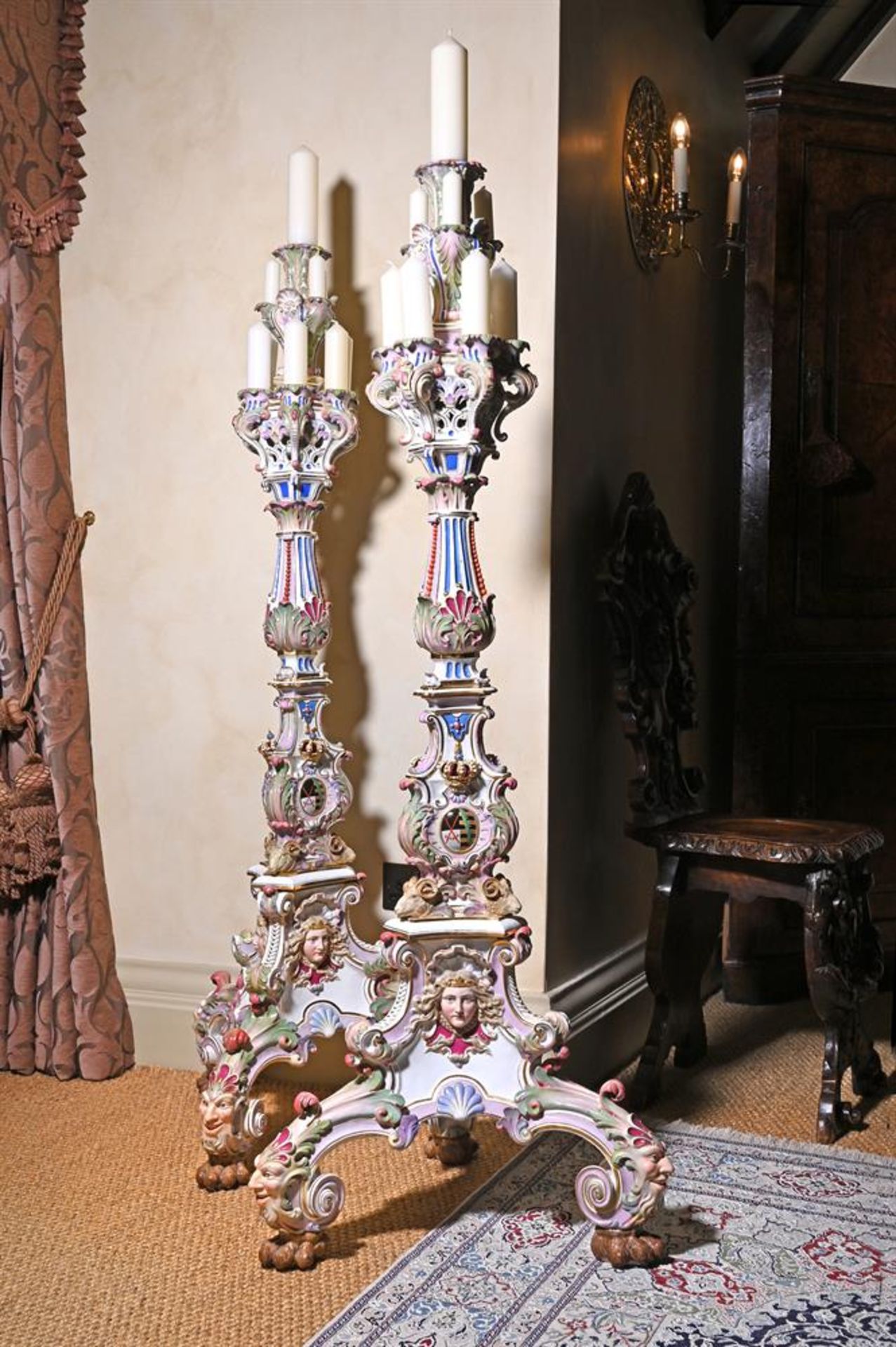 A LARGE PAIR OF MEISSEN PORCELAIN FLOOR STANDING CANDELABRA LATE 19TH CENTURYAfter a pair made for