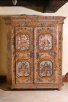 A POLYCHROME PAINTED PINE WARDROBE IN 18TH CENTURY STYLE, OF RECENT MANUFACTURE