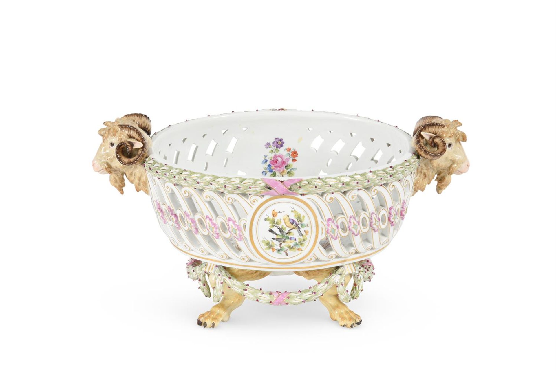 A MEISSEN PORCELAIN TWO-HANDLED PIERCED CENTRE BASKET, LATE 19TH CENTURY