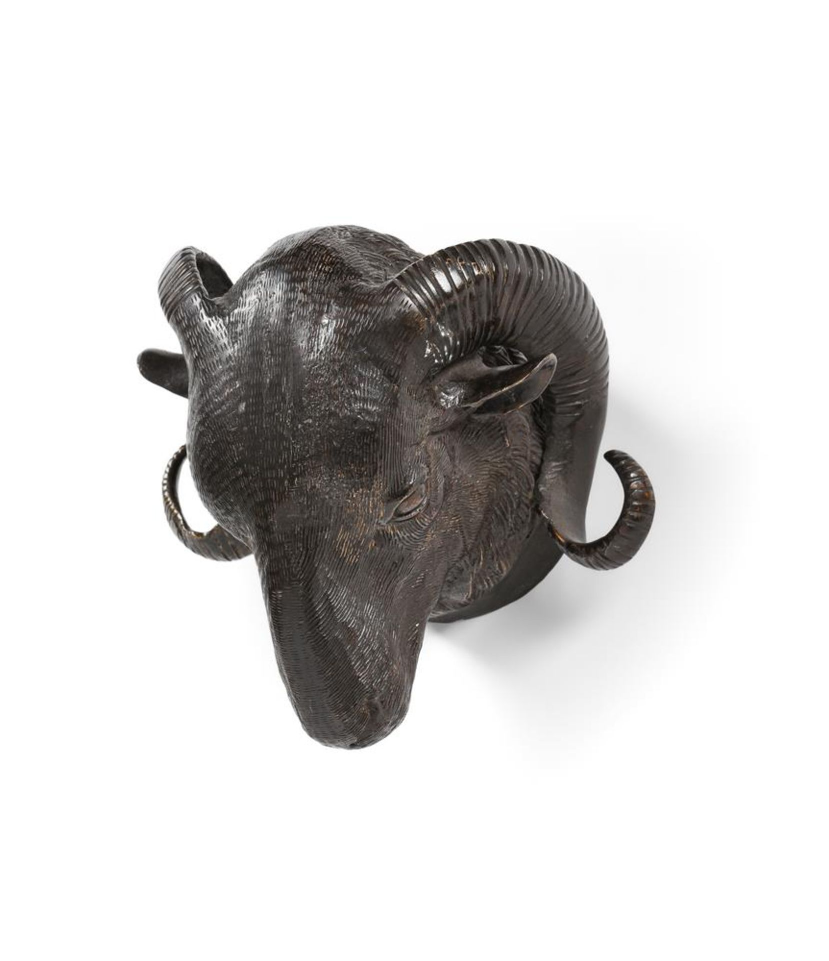 A BRONZE RAM HEAD, MODERN