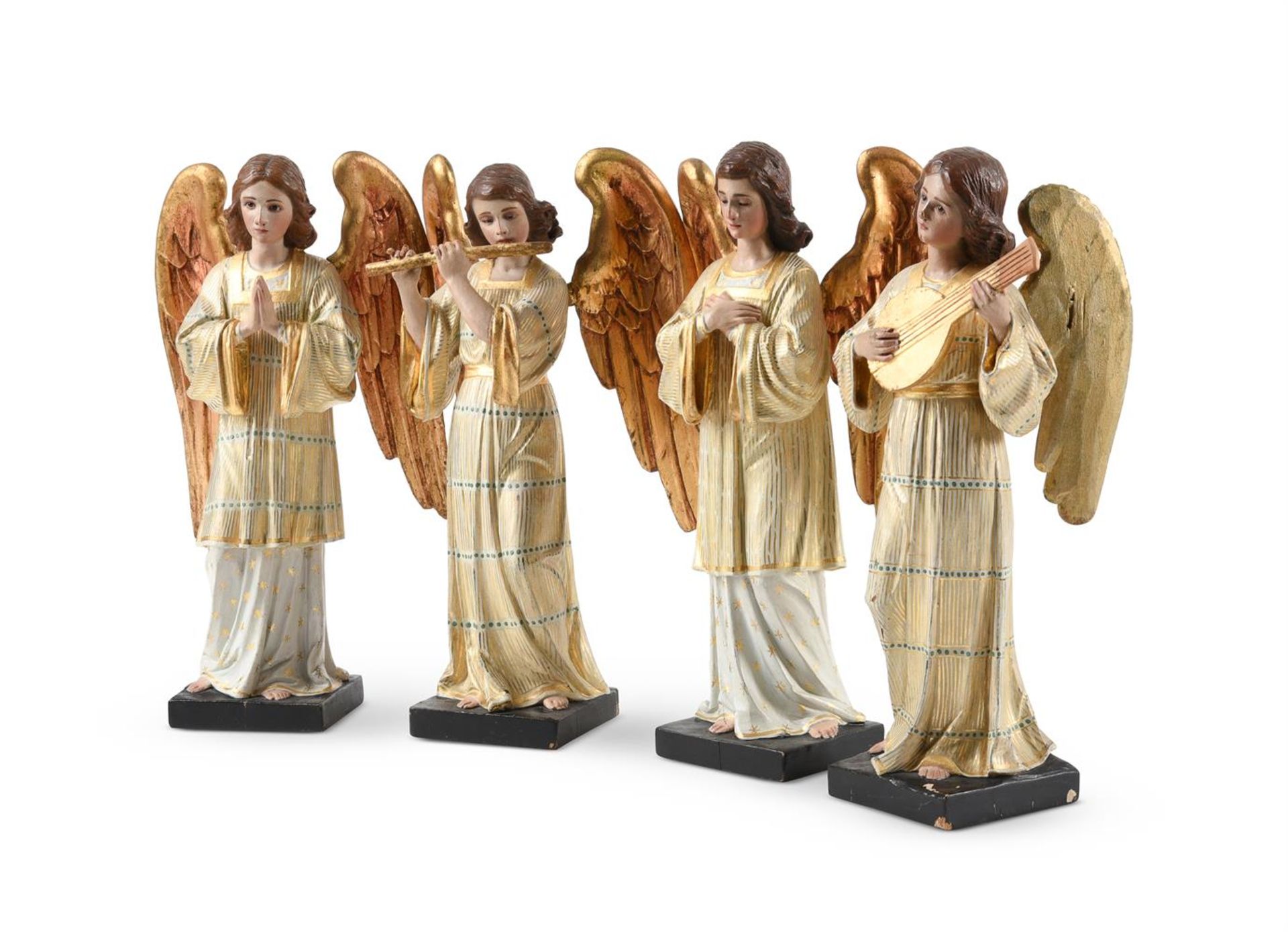 A SET OF FOUR CARVED, PAINTED AND PARCEL GILT SOFTWOOD FIGURES OF ANGELS, LATE 20TH CENTURY - Bild 2 aus 3