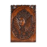 A CARVED OAK PANEL WITH PORTRAIT RELIEF OF QUEEN ELIZABETH I, EARLY 20TH CENTURY