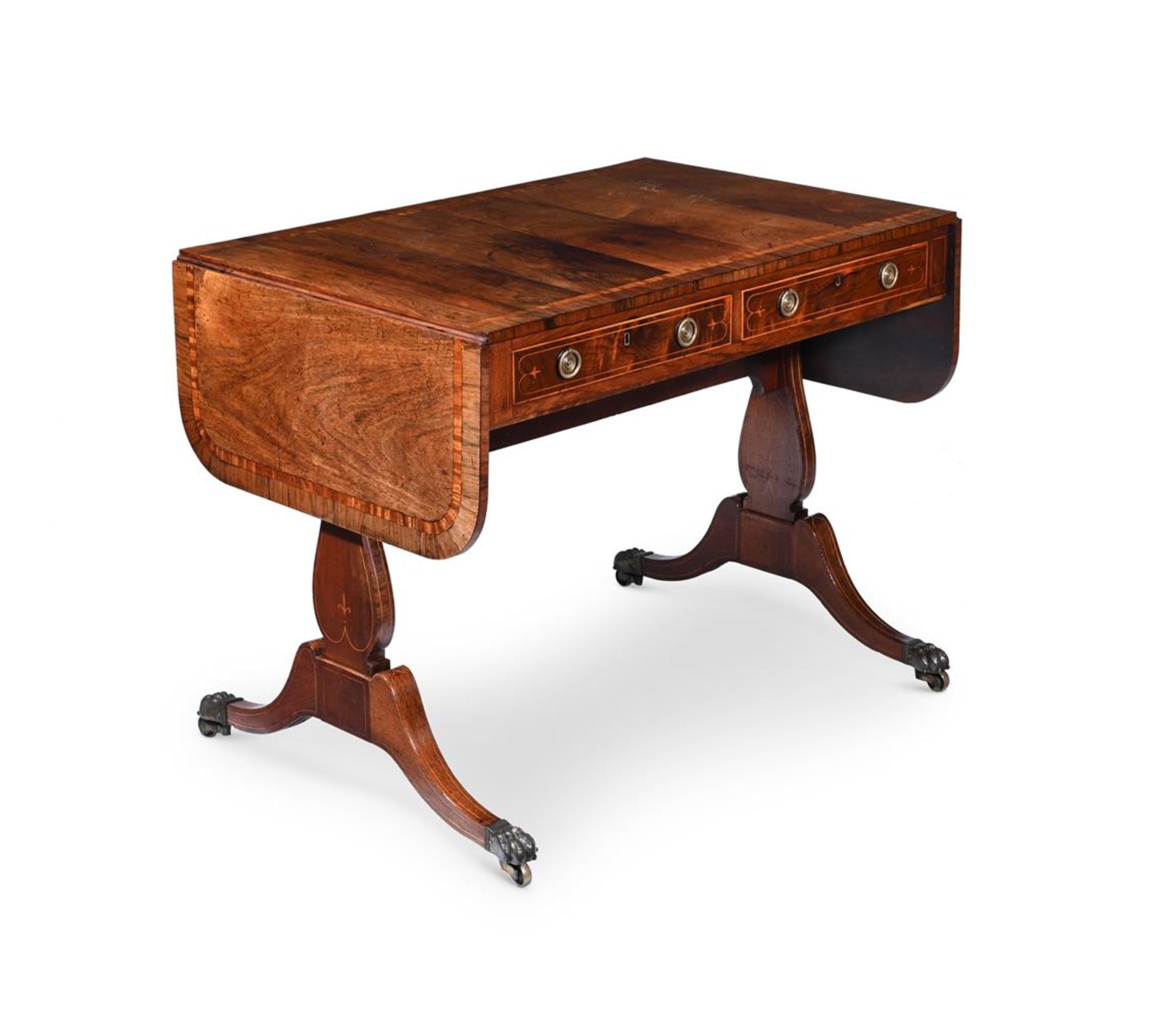 Y A GEORGE III ROSEWOOD, SATINWOOD BANDED, AND STRING INLAID SOFA TABLE, CIRCA 1790