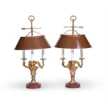 A PAIR OF GILT METAL AND RED MARBLE THREE BRANCH TABLE LIGHTS IN 19TH CENTURY STYLE, 20TH CENTURY