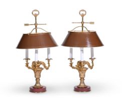 A PAIR OF GILT METAL AND RED MARBLE THREE BRANCH TABLE LIGHTS IN 19TH CENTURY STYLE, 20TH CENTURY