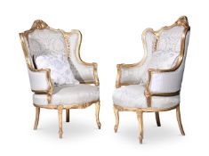 A PAIR OF GILTWOOD AND GREEN FLORAL UPHOLSTERED ARMCHAIRS IN LOUIS XVI STYLE, CIRCA 1900