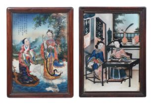 A CHINESE REVERSE PAINTED GLASS PANEL AND ANOTHER SIMILAR