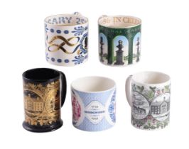 FIVE VARIOUS WEDGWOOD POTTERY COMMEMORAIVE MUGS FOR JOSIAH WEDGWOOD