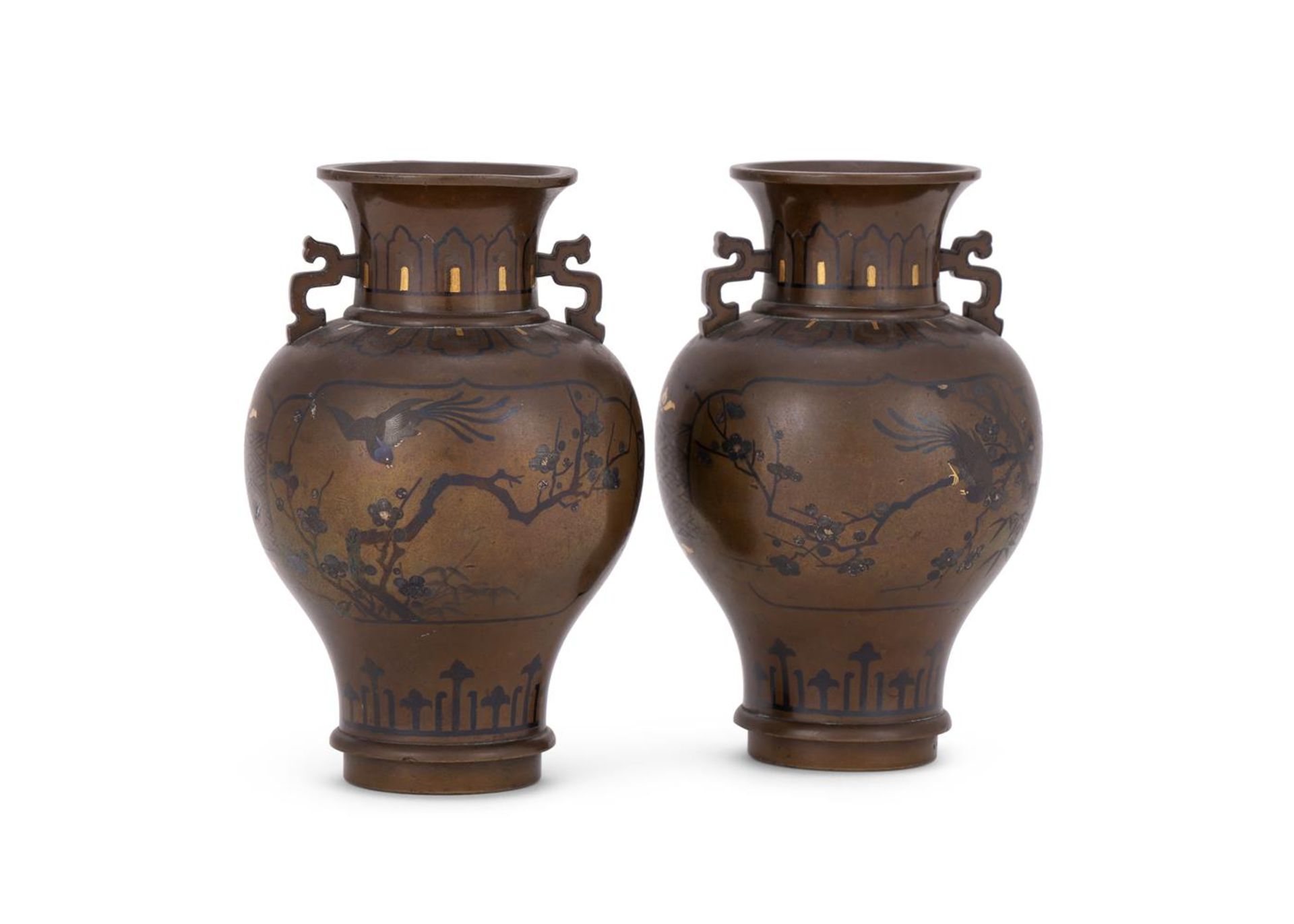 NOGAWA COMPANY, A PAIR OF JAPANESE INLAID BRONZE VASES - Image 2 of 3