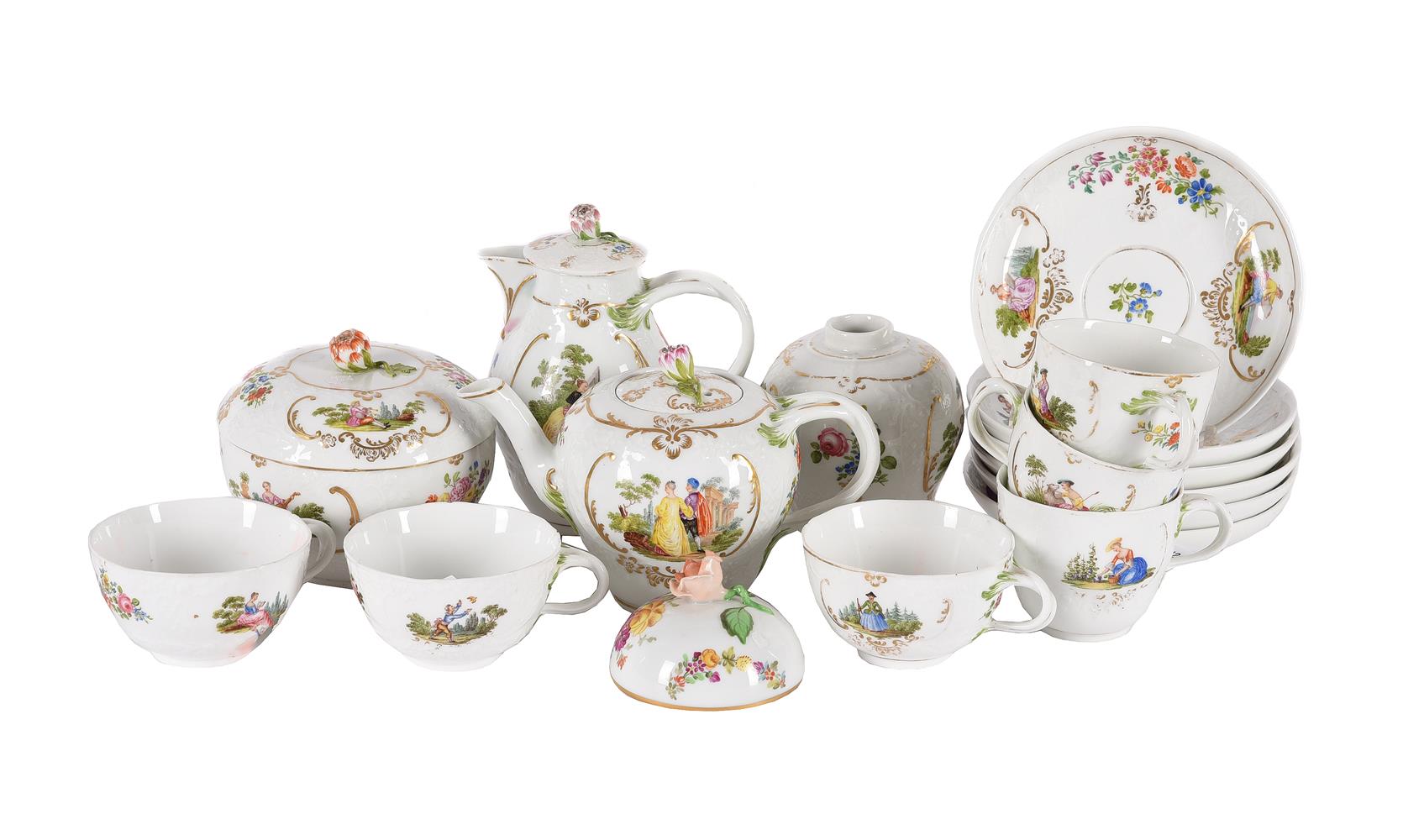 A MEISSEN (PUNKT) PART TEA SERVICE CIRCA 1770Variously painted with Watteauesques