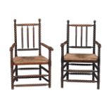ATTRIBUTED TO ERNEST GIMSON, A NEAR PAIR OF STAINED OAK BOBBIN CHAIRS