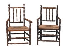 ATTRIBUTED TO ERNEST GIMSON, A NEAR PAIR OF STAINED OAK BOBBIN CHAIRS