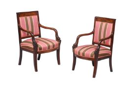 A PAIR OF LOUIS PHILIPPE MAHOGANY AND UPHOLSTERED ARMCHAIRS