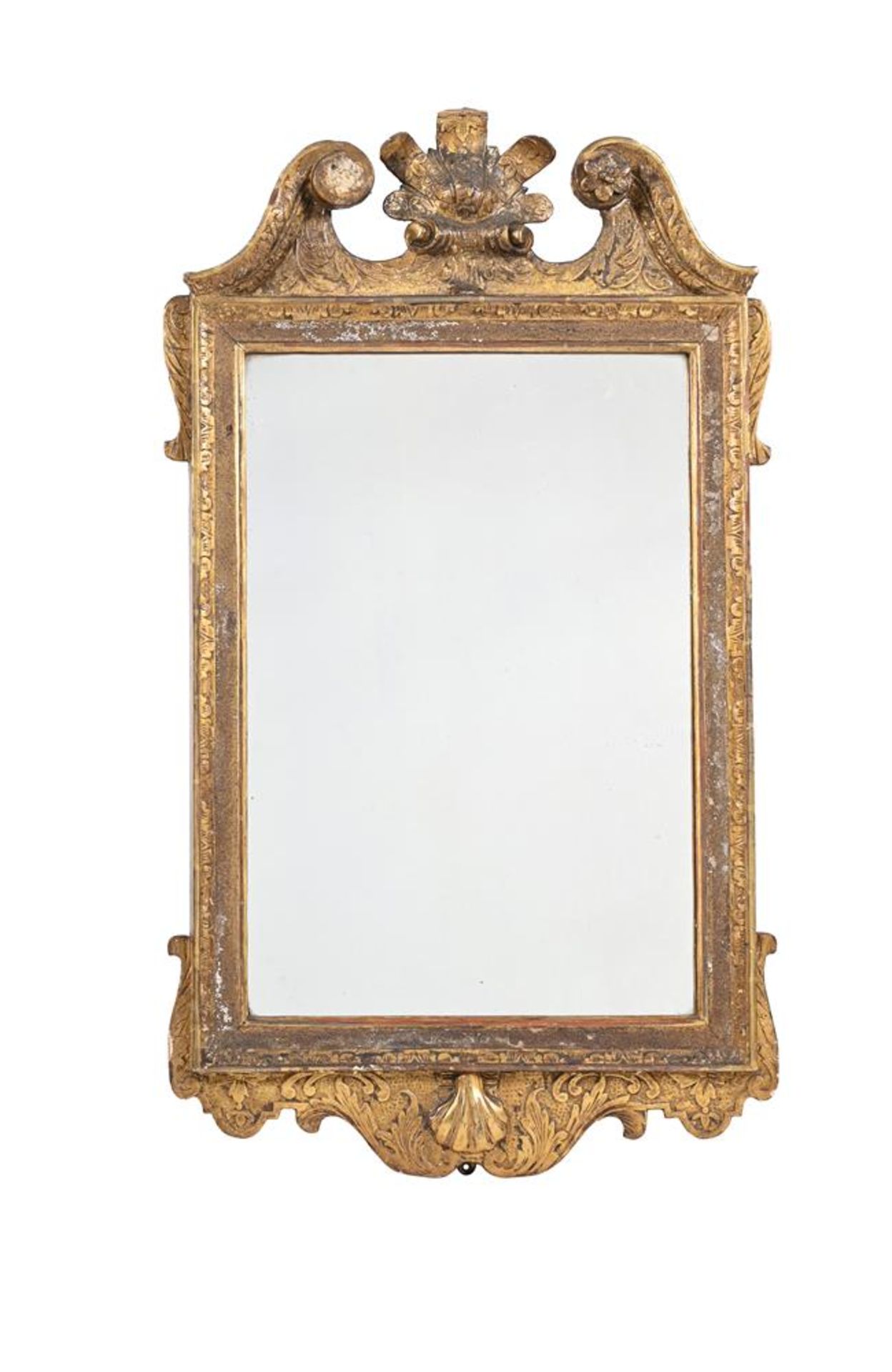 A GEORGE II GILTWOOD AND COMPOSITION WALL MIRROR